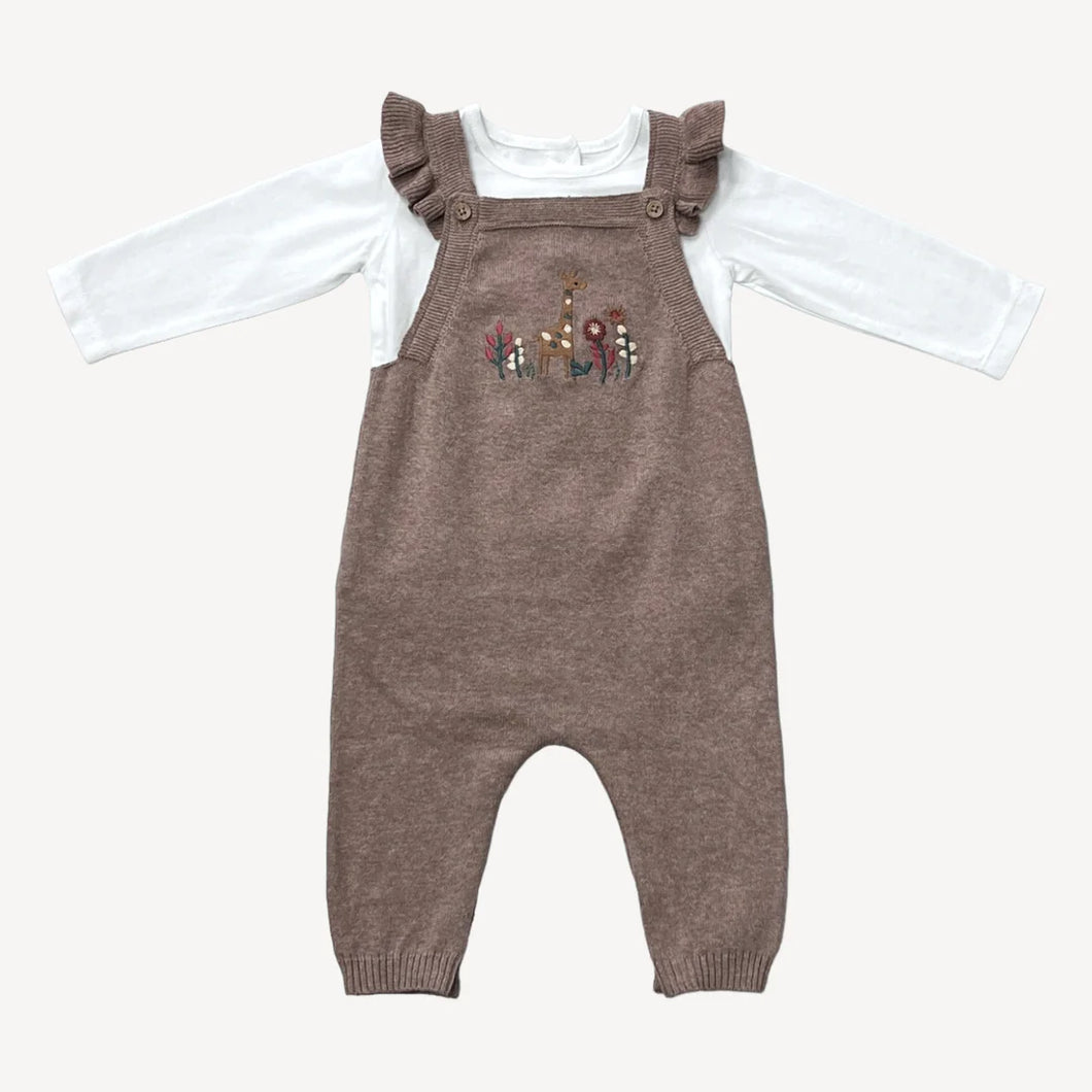 Giraffe Embroidered Ruffle Overall Set