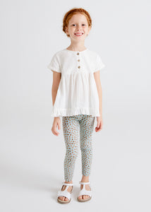 White Blouse & Heart Print Legging Set