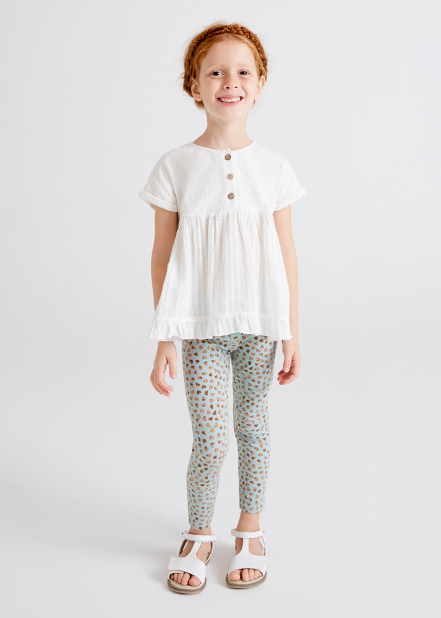 White Blouse & Heart Print Legging Set